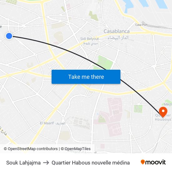 Souk Lahjajma to Quartier Habous nouvelle médina map