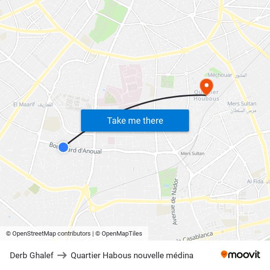Derb Ghalef to Quartier Habous nouvelle médina map
