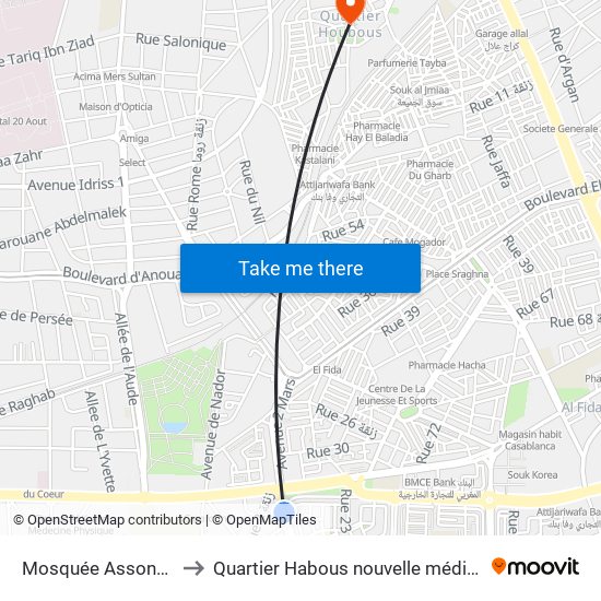 Mosquée Assonna to Quartier Habous nouvelle médina map