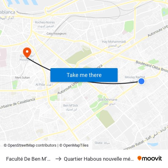 Faculté De Ben M'Sick to Quartier Habous nouvelle médina map