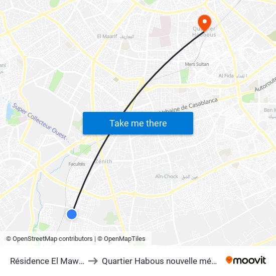 Résidence El Mawlid to Quartier Habous nouvelle médina map