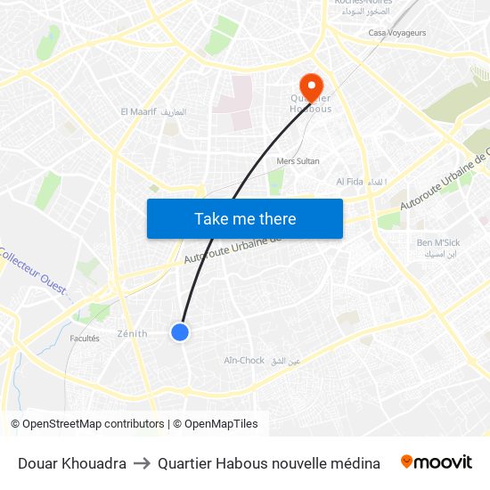 Douar Khouadra to Quartier Habous nouvelle médina map
