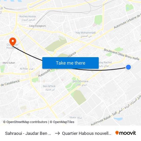 Sahraoui - Jaudar Ben Abdellah to Quartier Habous nouvelle médina map