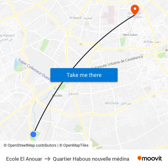 Ecole El Anouar to Quartier Habous nouvelle médina map