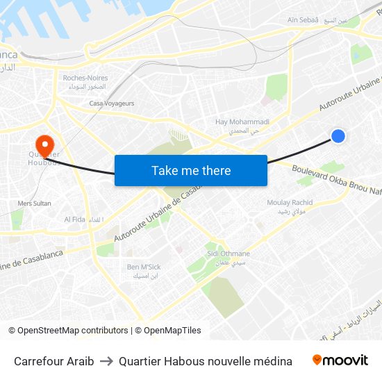 Carrefour Araib to Quartier Habous nouvelle médina map
