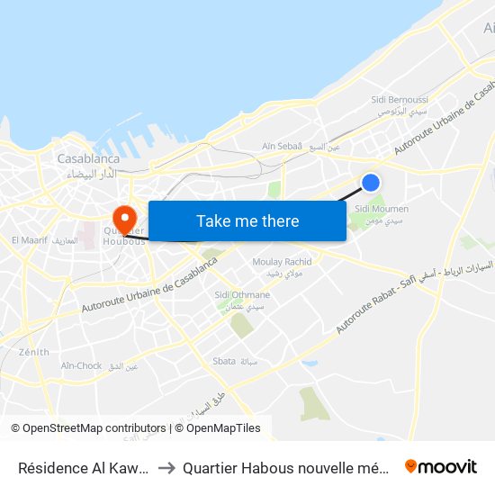 Résidence Al Kawtar to Quartier Habous nouvelle médina map