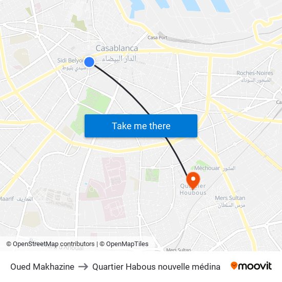 Oued Makhazine to Quartier Habous nouvelle médina map