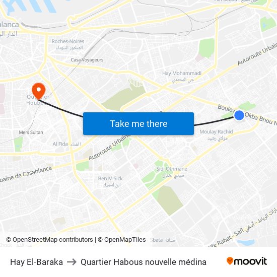 Hay El-Baraka to Quartier Habous nouvelle médina map
