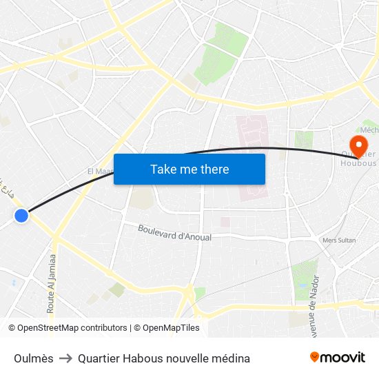 Oulmès to Quartier Habous nouvelle médina map