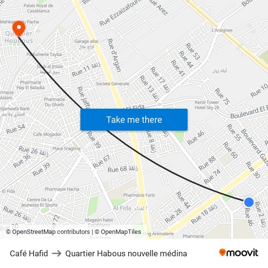 Café Hafid to Quartier Habous nouvelle médina map