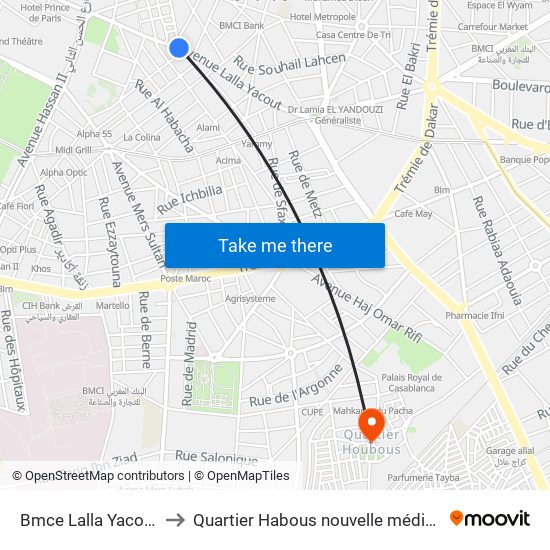 Bmce Lalla Yacout to Quartier Habous nouvelle médina map