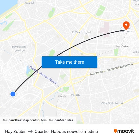 Hay Zoubir to Quartier Habous nouvelle médina map