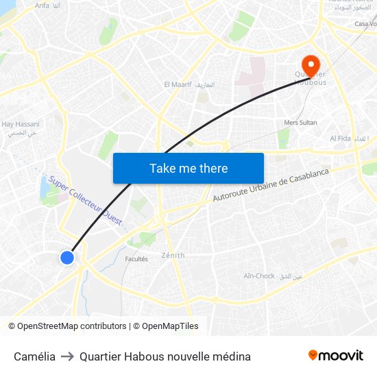 Camélia to Quartier Habous nouvelle médina map