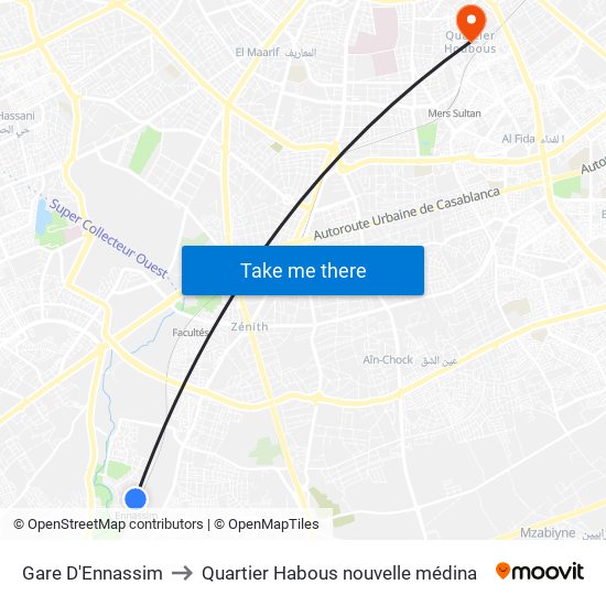 Gare D'Ennassim to Quartier Habous nouvelle médina map