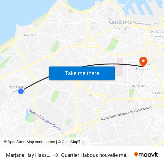 Marjane Hay Hassani to Quartier Habous nouvelle médina map