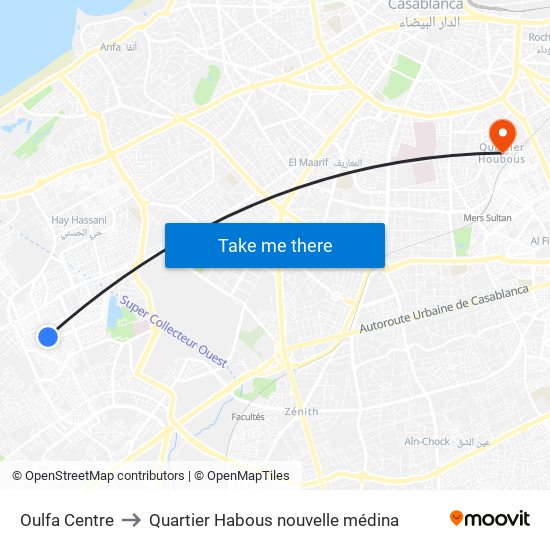 Oulfa Centre to Quartier Habous nouvelle médina map