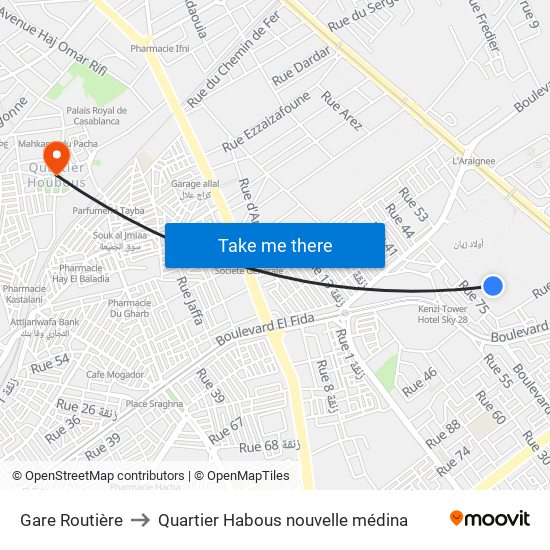 Gare Routière to Quartier Habous nouvelle médina map