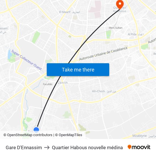 Gare D'Ennassim to Quartier Habous nouvelle médina map