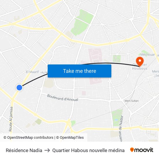 Résidence Nadia to Quartier Habous nouvelle médina map
