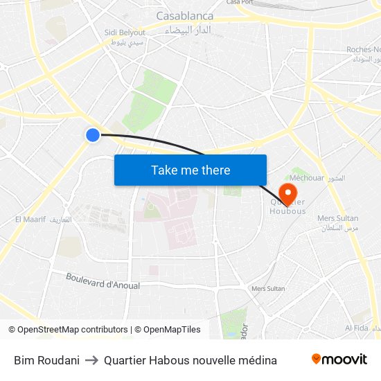 Bim Roudani to Quartier Habous nouvelle médina map