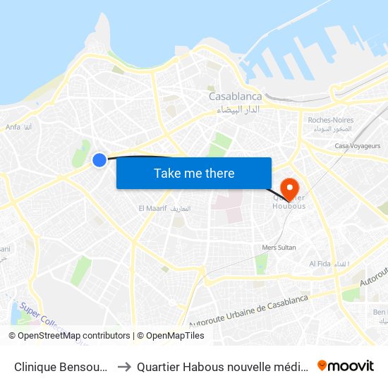 Clinique Bensouda to Quartier Habous nouvelle médina map