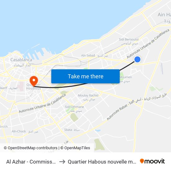 Al Azhar - Commissariat to Quartier Habous nouvelle médina map