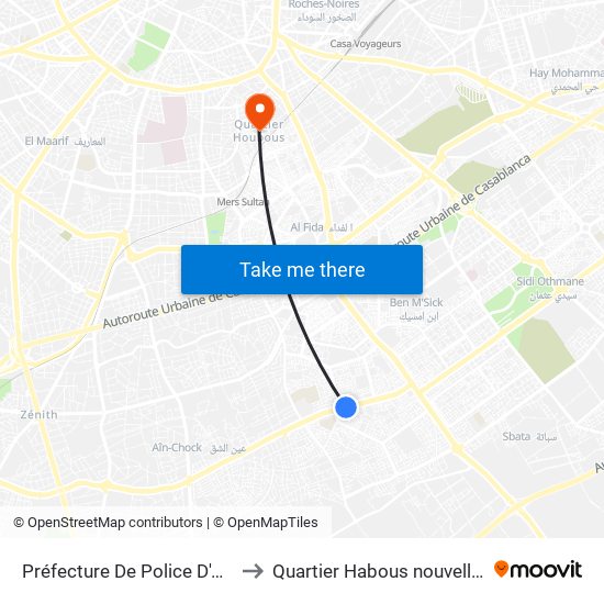 Préfecture De Police D'Aïn-Chock to Quartier Habous nouvelle médina map