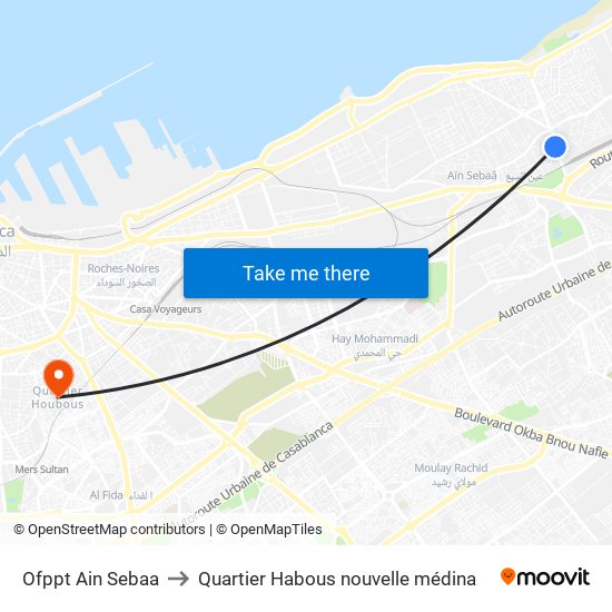Ofppt Ain Sebaa to Quartier Habous nouvelle médina map