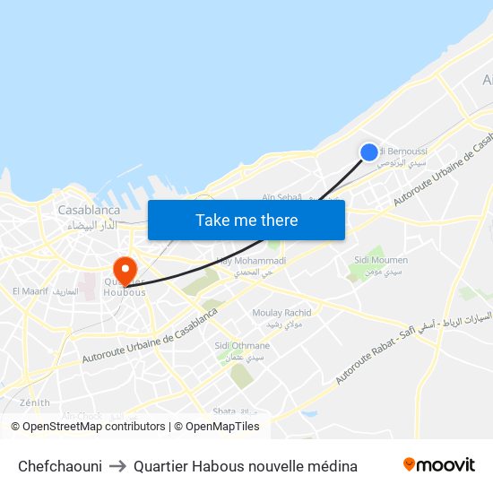 Chefchaouni to Quartier Habous nouvelle médina map