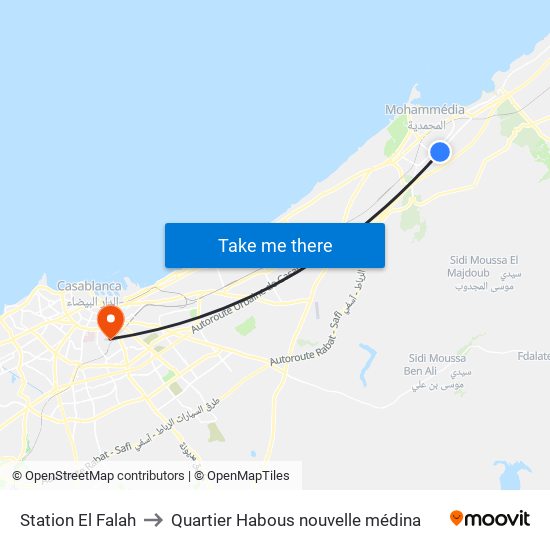 Station El Falah to Quartier Habous nouvelle médina map
