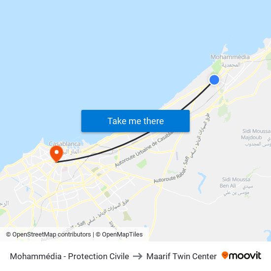 Mohammédia - Protection Civile to Maarif Twin Center map
