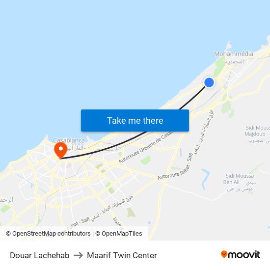 Douar Lachehab to Maarif Twin Center map