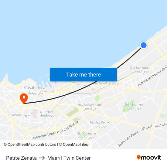 Petite Zenata to Maarif Twin Center map