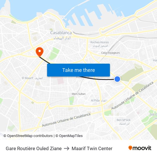 Gare Routière Ouled Ziane to Maarif Twin Center map