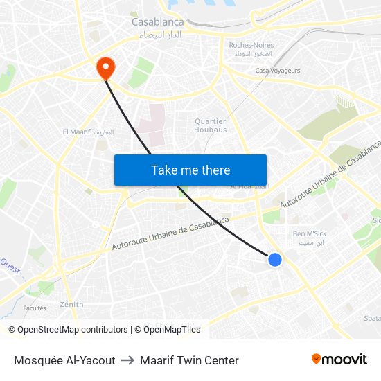 Mosquée Al-Yacout to Maarif Twin Center map