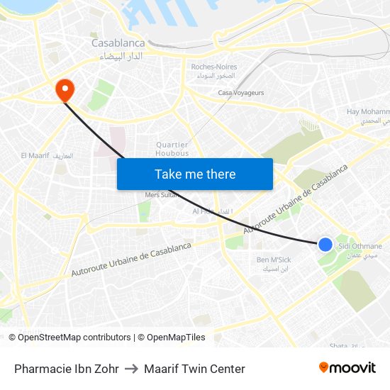 Pharmacie Ibn Zohr to Maarif Twin Center map