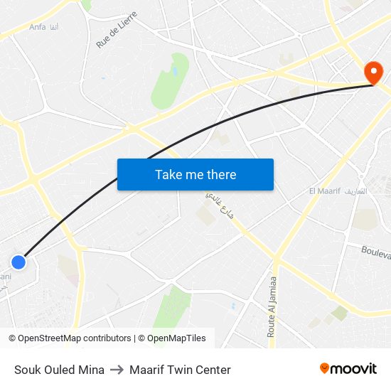 Souk Ouled Mina to Maarif Twin Center map