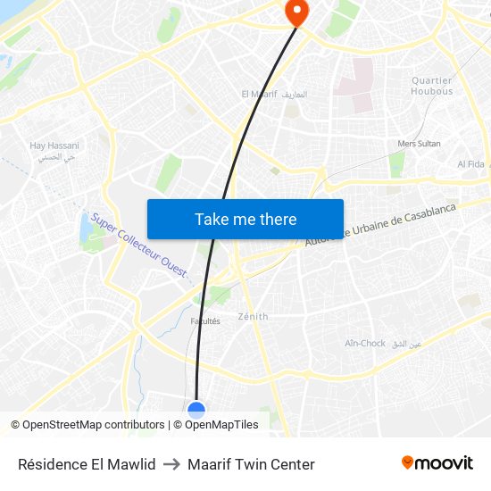 Résidence El Mawlid to Maarif Twin Center map