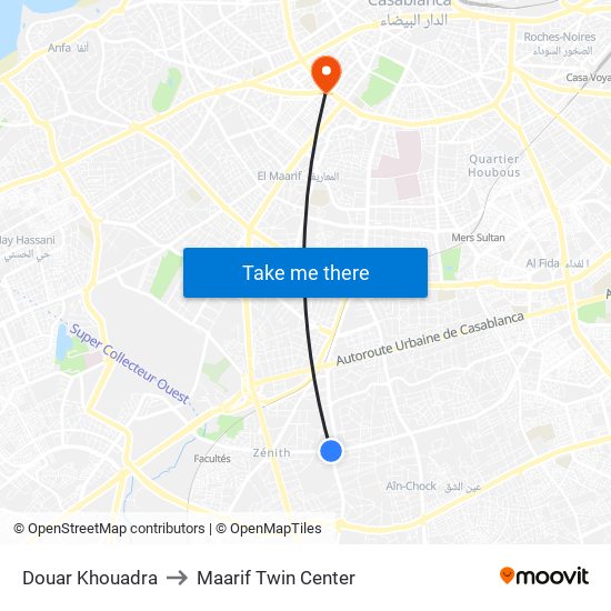 Douar Khouadra to Maarif Twin Center map