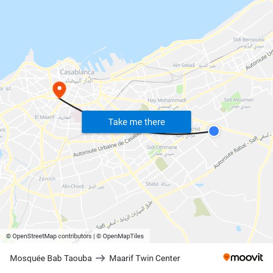 Mosquée Bab Taouba to Maarif Twin Center map