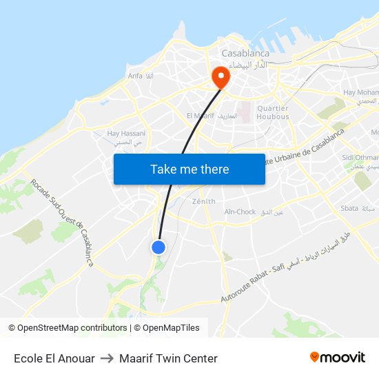 Ecole El Anouar to Maarif Twin Center map