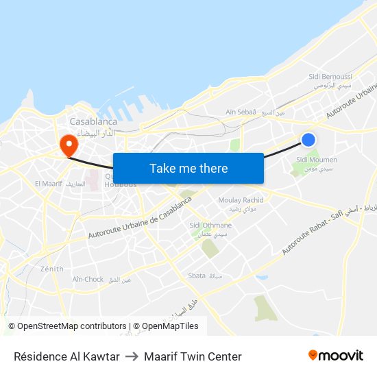 Résidence Al Kawtar to Maarif Twin Center map