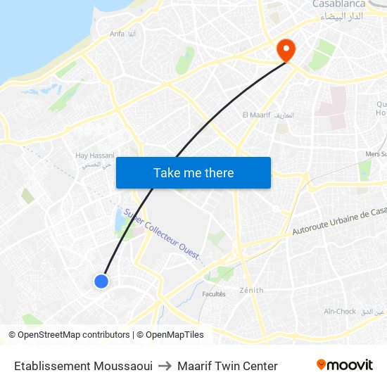 Etablissement Moussaoui to Maarif Twin Center map