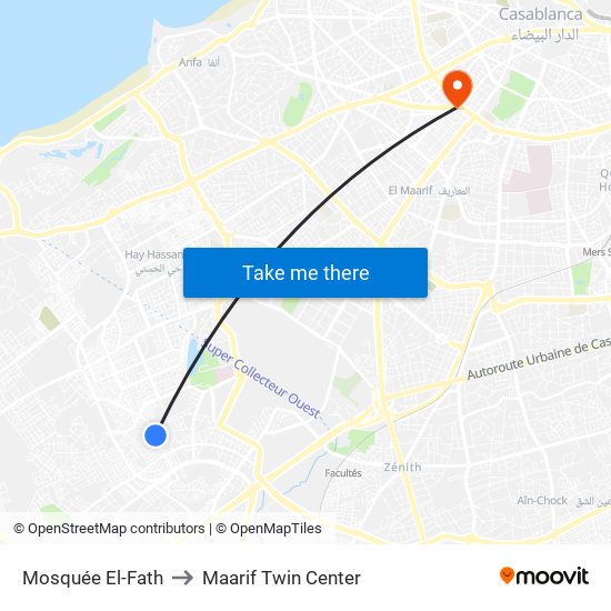 Mosquée El-Fath to Maarif Twin Center map