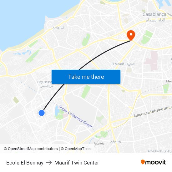 Ecole El Bennay to Maarif Twin Center map
