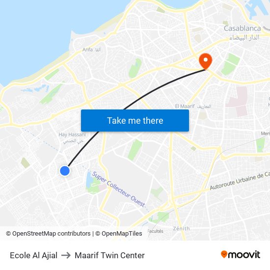 Ecole Al Ajial to Maarif Twin Center map