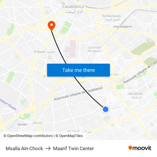 Msalla Aïn-Chock to Maarif Twin Center map