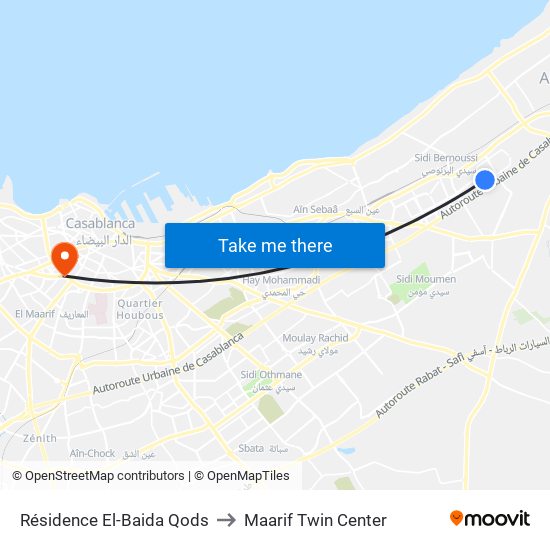 Résidence El-Baida Qods to Maarif Twin Center map