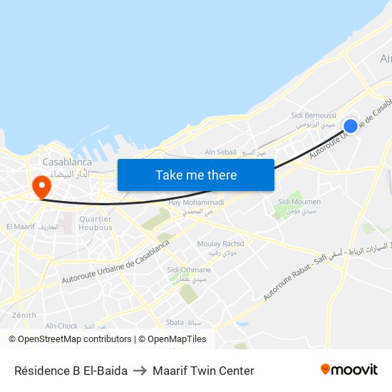 Résidence B El-Baida to Maarif Twin Center map