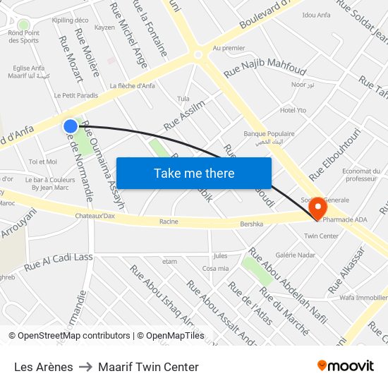 Les Arènes to Maarif Twin Center map